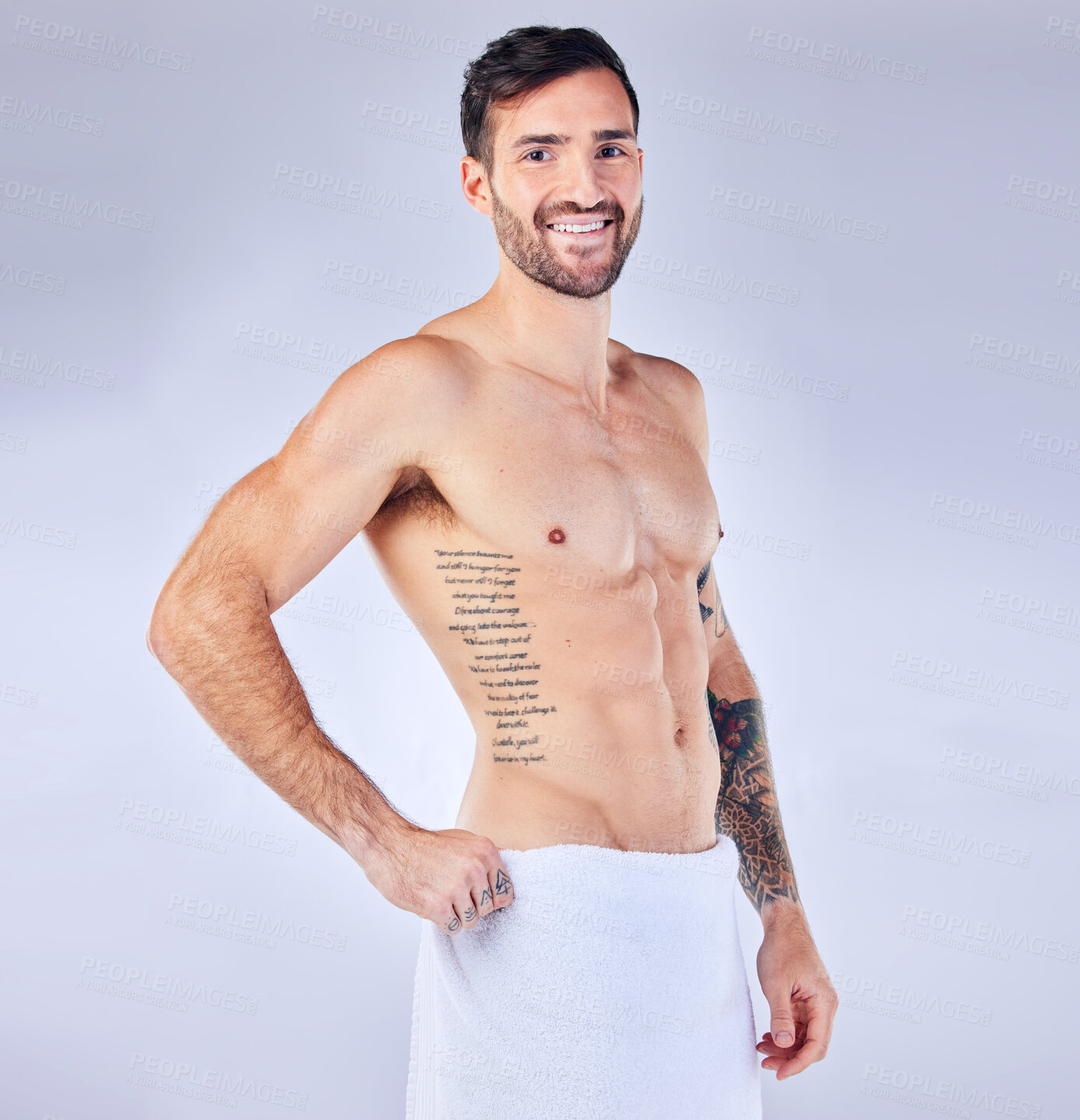 Buy stock photo Man, fitness and towel portrait for strong bodybuilder athlete posing on a grey studio background. Athletic, shirtless and abs with a personal trainer and six pack for bodycare, skincare and hygiene