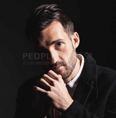 Buy stock photo Portrait, face and thinking with a man model in studio on a dark background for fashion or style. Idea, hand and confident with a handsome young male on a black background for edgy contemplation