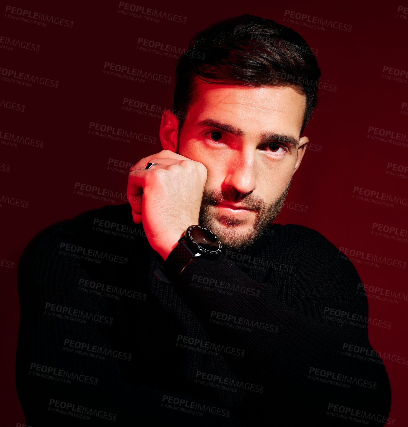 Buy stock photo Fashion, red and neon portrait of man with creative lighting, dark aesthetic style and luxury designer watch. Facial beauty glow, shadow and face light of confident fashion model with black clothes