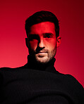 Man, headshot and red background portrait in studio for vintage fashion aesthetic. Calm model, beauty wellness lifestyle and proud, confident face or retro facial spotlight with red lighting shadow 