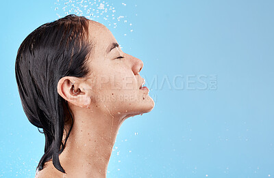 Buy stock photo Heath, hair and woman in shower on blue background with mockup, advertising or product placement space. Haircare, water and skincare, hygiene routine in the morning asian woman with clean lifestyle.