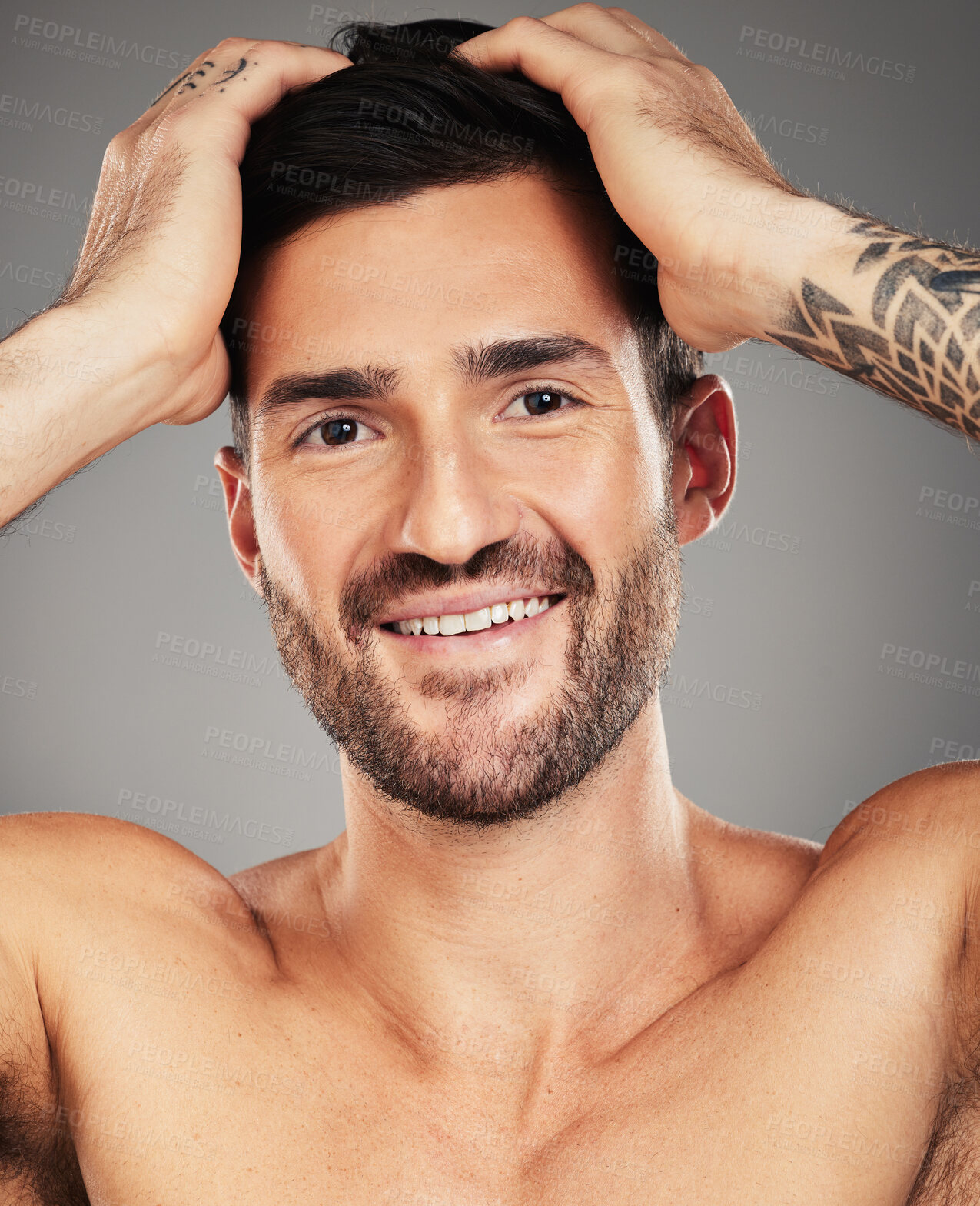 Buy stock photo Skincare, happy and portrait of a man with a smile for wellness, beauty and dermatology against grey studio background. Cosmetic, healthy and face of a model with happiness for hygiene and freshness