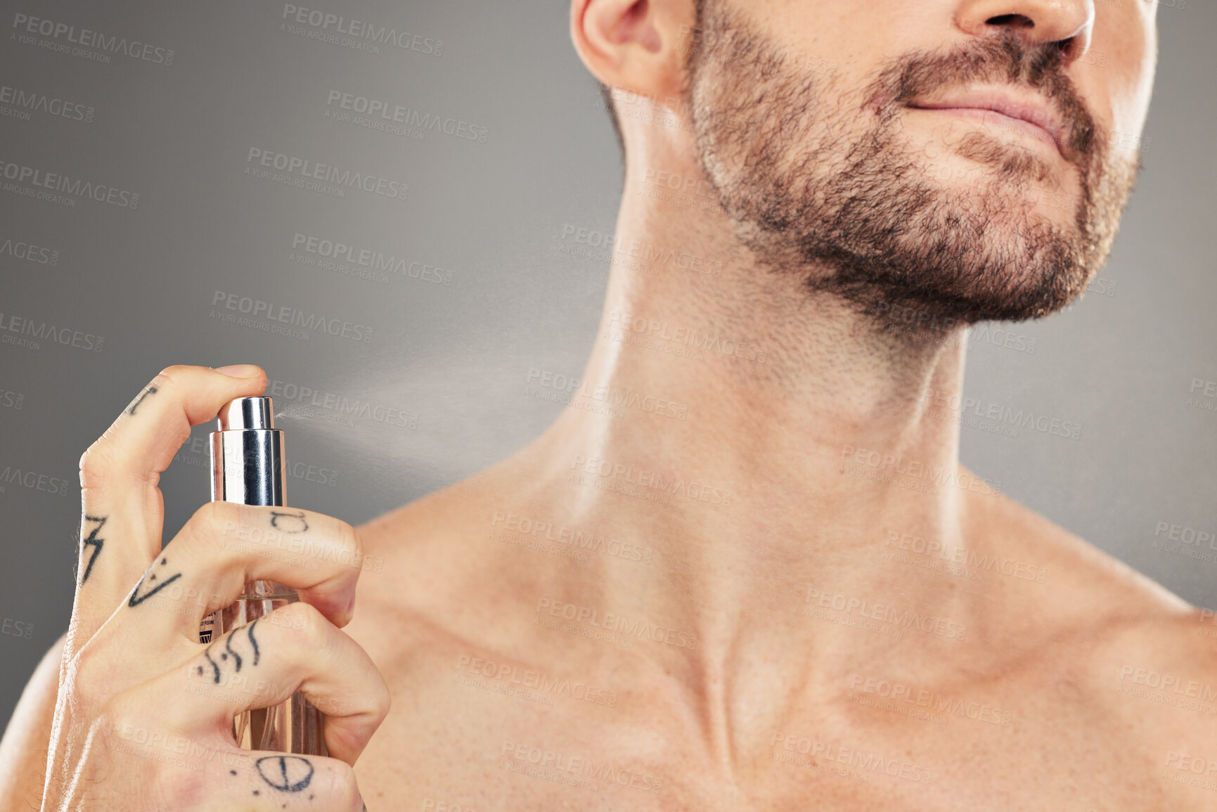 Buy stock photo Man, perfume and hands spray on neck for beauty wellness or luxury fragrance cosmetics in studio. Hygiene grooming, clean and fresh colagne for handsome male skincare and sensual body care lifestyle