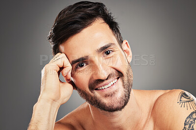 Buy stock photo Face, skin and man in skincare or beauty portrait, facial with grooming and natural cosmetics, pose against studio background. Fresh, wellness and isolated in male cosmetic treatment mock up.