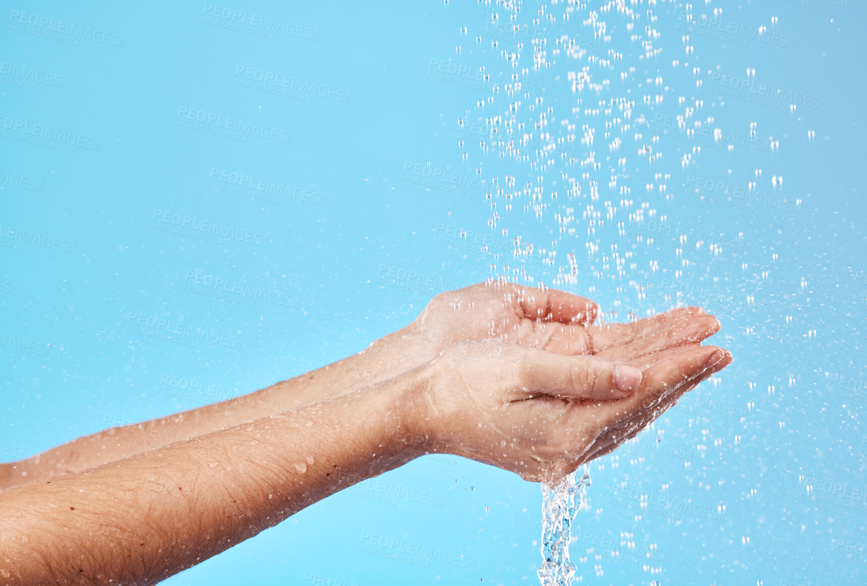 Buy stock photo Water splash, hands and cleaning of a person busy with hand hygiene, skincare or hydration. Natural, clean flow and water for washing and cleaning skin and body under water or holding for a drink