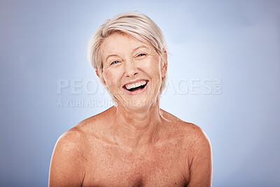 Buy stock photo Skincare, wellness and portrait of senior woman with smile in studio on blue background. Beauty, makeup and happy old woman with natural skin for antiaging beauty products, dermatology and cosmetics