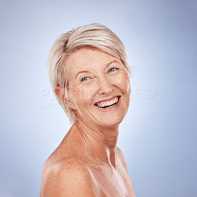 Buy stock photo Portrait of elderly woman, beauty and skincare health with natural skin glow, anti aging cosmetics product and happy smile. Senior face, gray studio background and advertising or marketing spa mockup