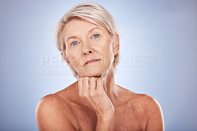 Buy stock photo Senior woman, skincare and beauty with face portrait, wellness and health against grey mockup studio background. Cosmetic and dermatology of elderly person facial makeup with anti aging treatment