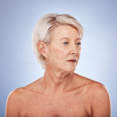 Buy stock photo Skincare, face and skincare aesthetic with natural makeup and facial treatment for glowing skin, natural cosmetics and health on studio background. Elderly beauty model, dermatology and wellness
