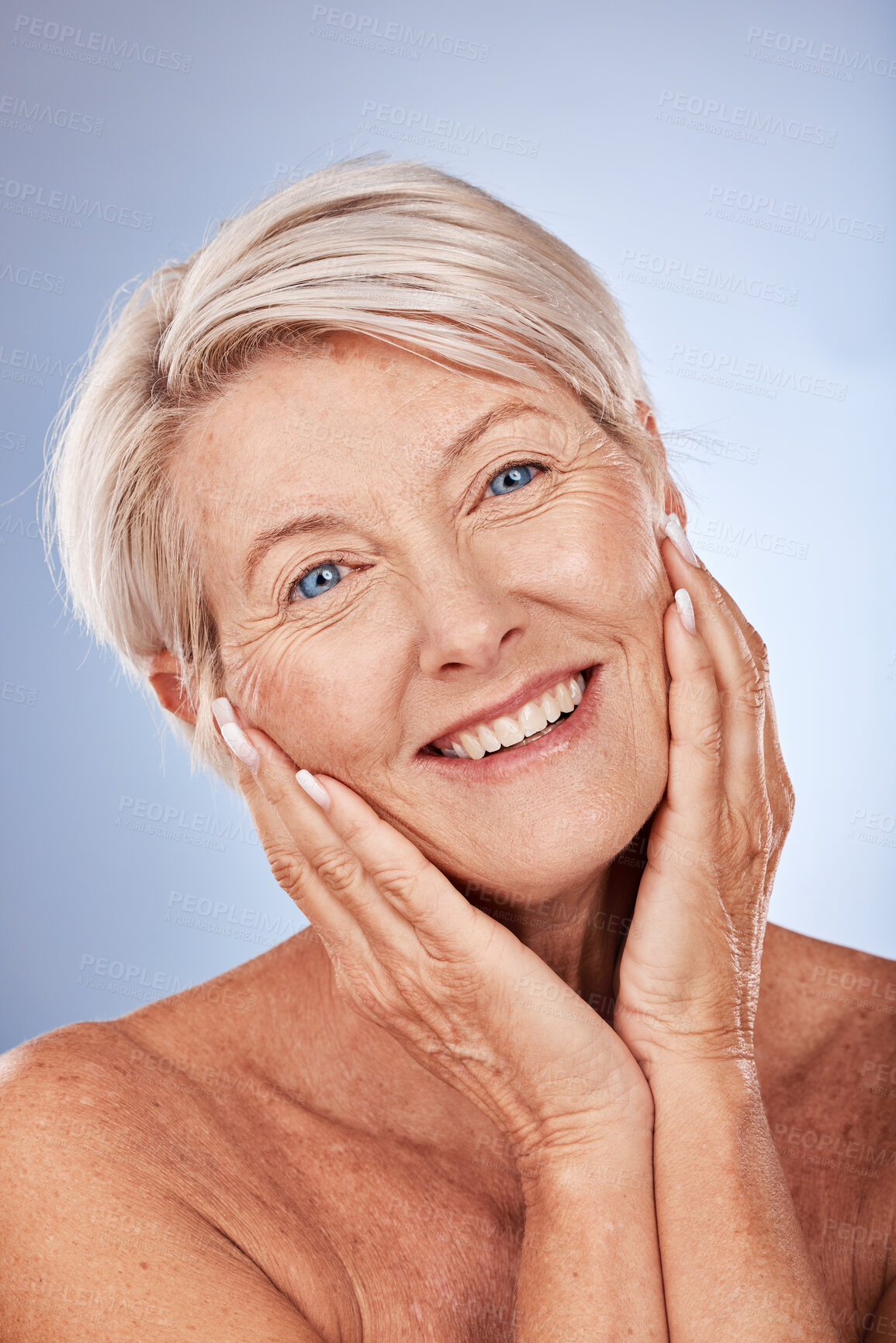 Buy stock photo Senior woman, face portrait and hands for skincare beauty wellness or natural facial health. Elderly model, healthy lifestyle motivation and dermatology or anti aging makeup for self care in studio