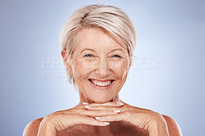 Buy stock photo Skincare, beauty and portrait of a senior woman with a natural healthy face routine in studio. Cosmetics, wellness and happy elderly lady with anti aging facial treatment isolated by gray background.