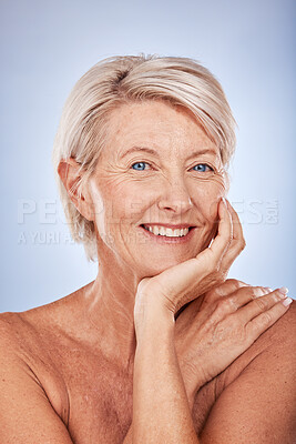 Buy stock photo Senior woman, beauty and face, skincare and dermatology wellness for wrinkles, anti aging cosmetics and healthy skin on studio background. Portrait of happy mature lady, body care and aesthetic glow 