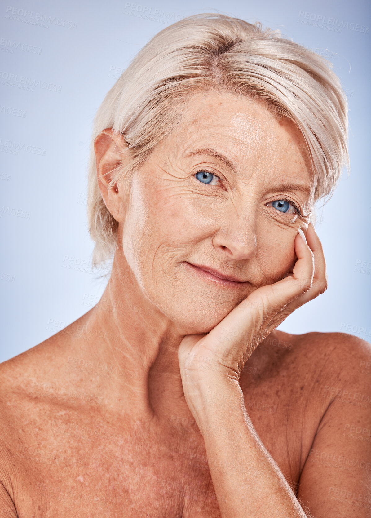 Buy stock photo Elderly woman, skincare and face healthcare for beauty or wellness lifestyle motivation. Anti aging treatment, cosmetics makeup and natural healthy facial care or senior skin therapy in studio