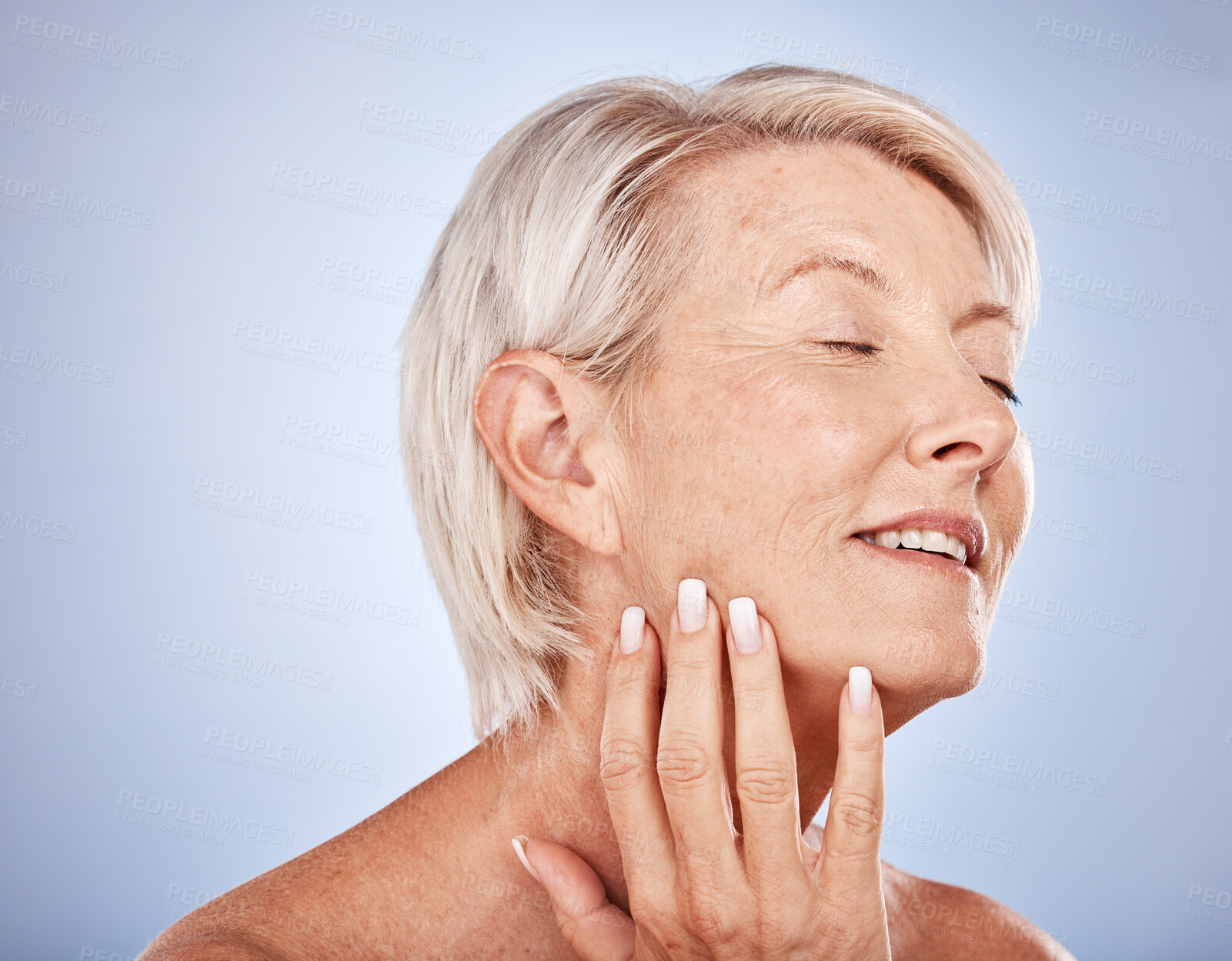 Buy stock photo Face, skincare and senior woman relax, healthy morning routine for beauty wellness or skin therapy. Cosmetics, luxury natural makeup and skin glow for facial care lifestyle in grey studio background