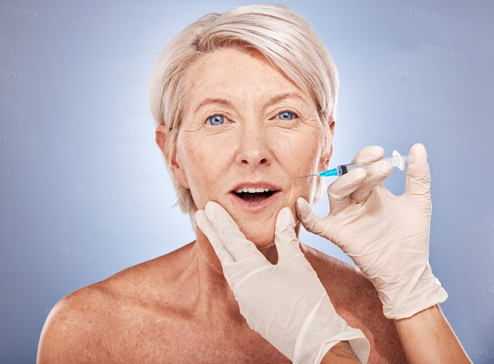 Buy stock photo Senior woman, botox injection and syringe with hand for cosmetic surgery, anti aging and beauty product. Elderly model with face, facial and skin treatment, plastic surgery or cosmetics skincare