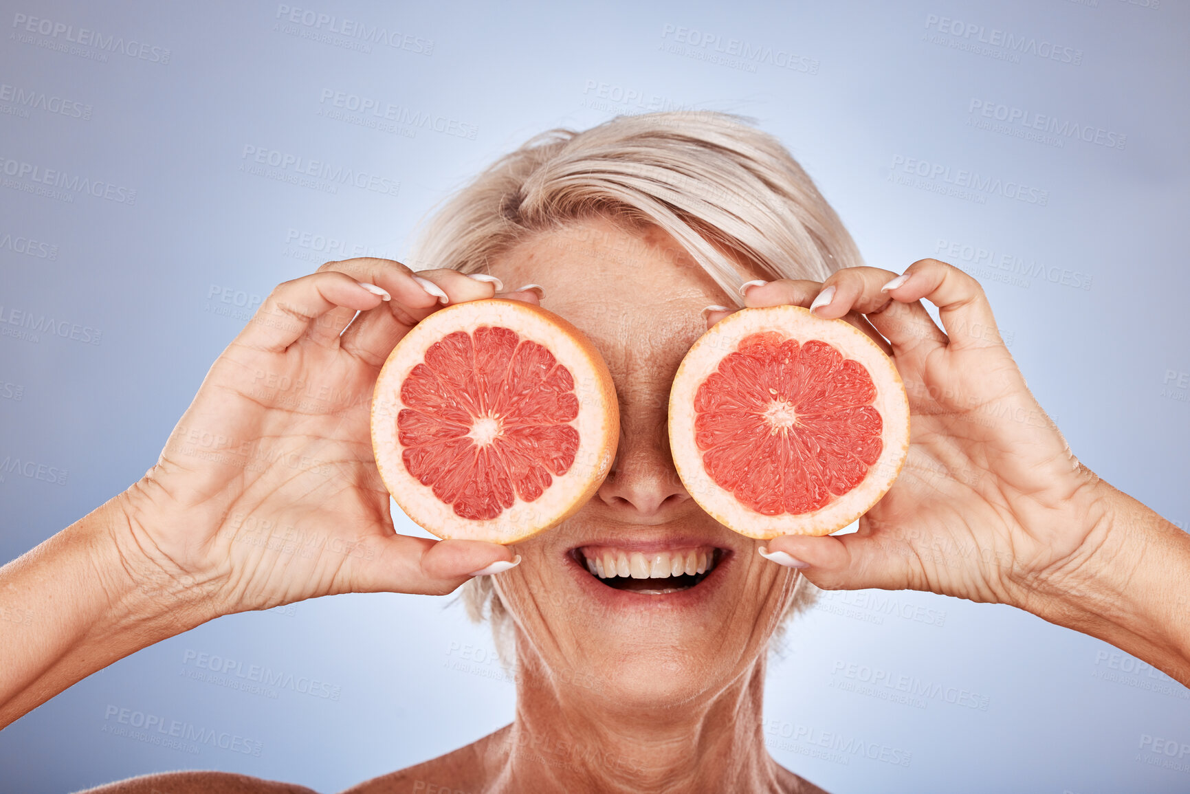 Buy stock photo Woman, grapefruit and facial beauty for healthy fruit lifestyle with vitamin c support. Face, smile and relax luxury wellness or cosmetics spa, self care and skincare eye treatment for nutrition 