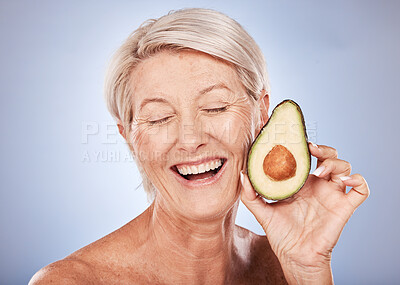 Buy stock photo Beauty, skincare and elderly woman with avocado cosmetics smile for organic skin health, natural detox and luxury spa mockup. Portrait of happy senior, wellness treatment and healthy diet in a studio