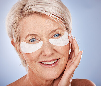 Buy stock photo Mature woman, face and eye patch for skincare grooming routine, anti aging treatment or dark circles collagen boost. Zoom, portrait and happy smile on middle aged beauty model with eye facial product