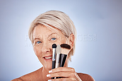 Buy stock photo Makeup, brush and portrait of senior woman with product for foundation application, studio cosmetics or anti aging skincare. Beauty, healthcare and aesthetic face of elderly model with facial routine