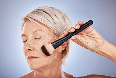 Buy stock photo Portrait of elderly woman, beauty and makeup brush product cosmetics for natural glow, anti aging skincare and spa treatment. Senior lady, gray studio background and advertising or marketing mockup 
