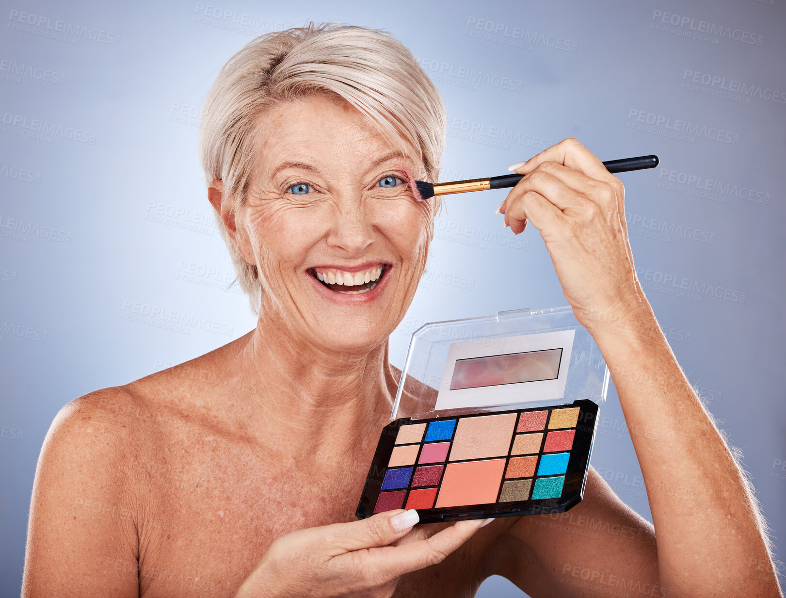 Buy stock photo Makeup, portrait and senior woman with brush to apply luxury product, facial cosmetics or anti aging skincare. Healthcare, wellness and happy elderly model with aesthetic foundation pallet for beauty