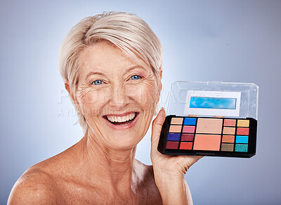 Buy stock photo Makeup, senior and woman portrait smile with beauty, cosmetic and color eyeshadow product. Elderly model face happy with skincare, cosmetics and colorful eye palette for cosmetology and self care