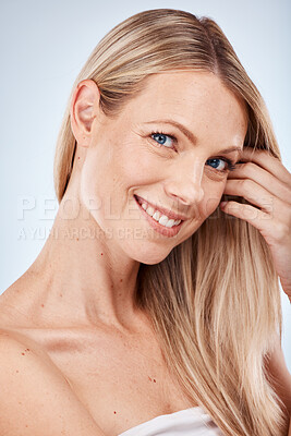 Buy stock photo Hair care, beauty and portrait of woman in studio after a keratin, botox or brazilian hair treatment. Cosmetic, wellness and model with long, healthy and clean hair style isolated by gray background.