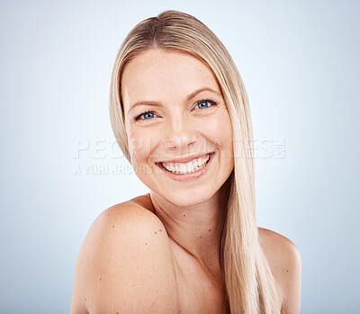 Buy stock photo Skincare, beauty and face of a woman model with happiness about cosmetic and skin dermatology. Portrait of happy, health and body care of a female natural facial, anti aging and collagen treatment