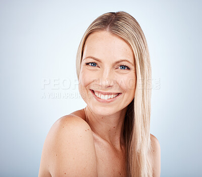Buy stock photo Beauty, portrait and face of a woman for skincare, health and wellness against a grey studio background. Front cosmotology and skin care or bodycare for a female with soft, smooth skin