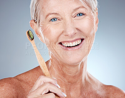 Buy stock photo Mature woman, portrait and toothbrush for dental health, hygiene and wellness and oral care. Dental, oral and teeth for clean treatment to prevent cavity with mouth hygiene for oral health