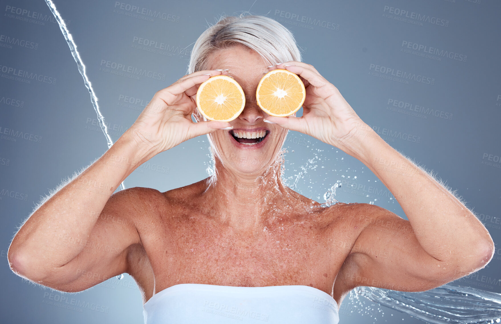 Buy stock photo Woman, water splash and lemon fruit skincare grooming for vitamin c treatment, facial blemish or dermatology cosmetology. Smile, happy or mature beauty model with citrus food or product covering eyes
