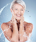 Body hygiene, cleaning and old woman with water for natural face wash, self care routine or facial treatment. Spa, wellness and portrait of happy senior model with water splash for beauty skincare