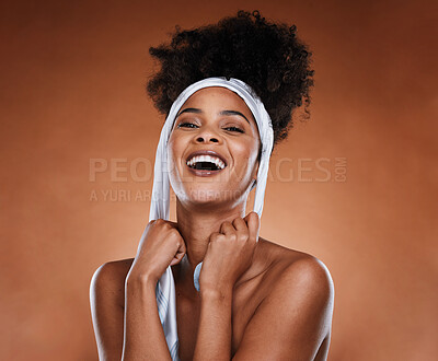 Buy stock photo Hair care, beauty and black woman with scarf in studio for wellness, shine and healthy hair. Cosmetics, fashion and portrait of female model with natural afro and curly hair with smile for hair salon
