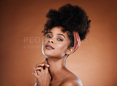 Buy stock photo Beauty, fashion and black woman with nature hair or afro on brown studio background for skincare, self care and hair care. Portrait of African model with smile for cosmetics, make up and dermatology