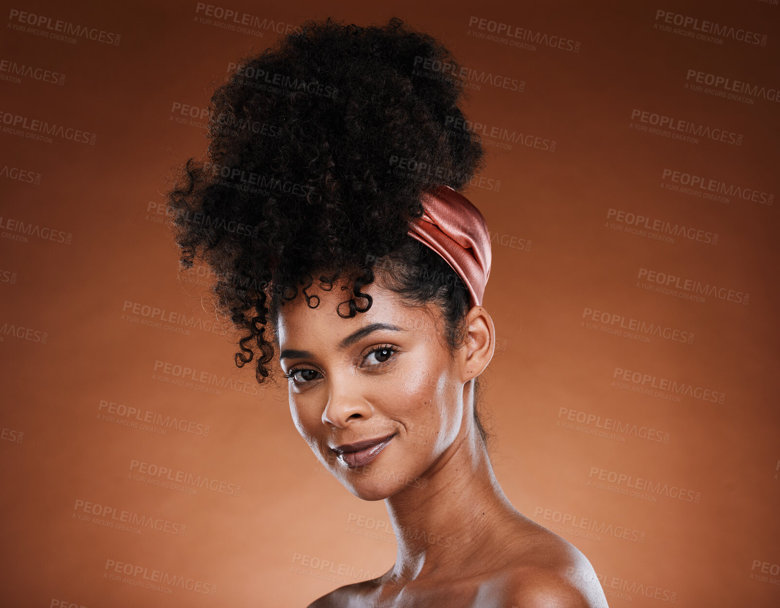 Buy stock photo Black woman, skincare and hair care for beauty glow or natural cosmetics makeup. African model, luxury facial care wellness or self love motivation, self care and health in brown background studio