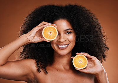 Buy stock photo Black woman, orange and beauty healthcare or vitamin c nutrition for skincare health. Portrait of African girl model, fruit wellness or healthy cosmetics and spa therapy in brown background studio