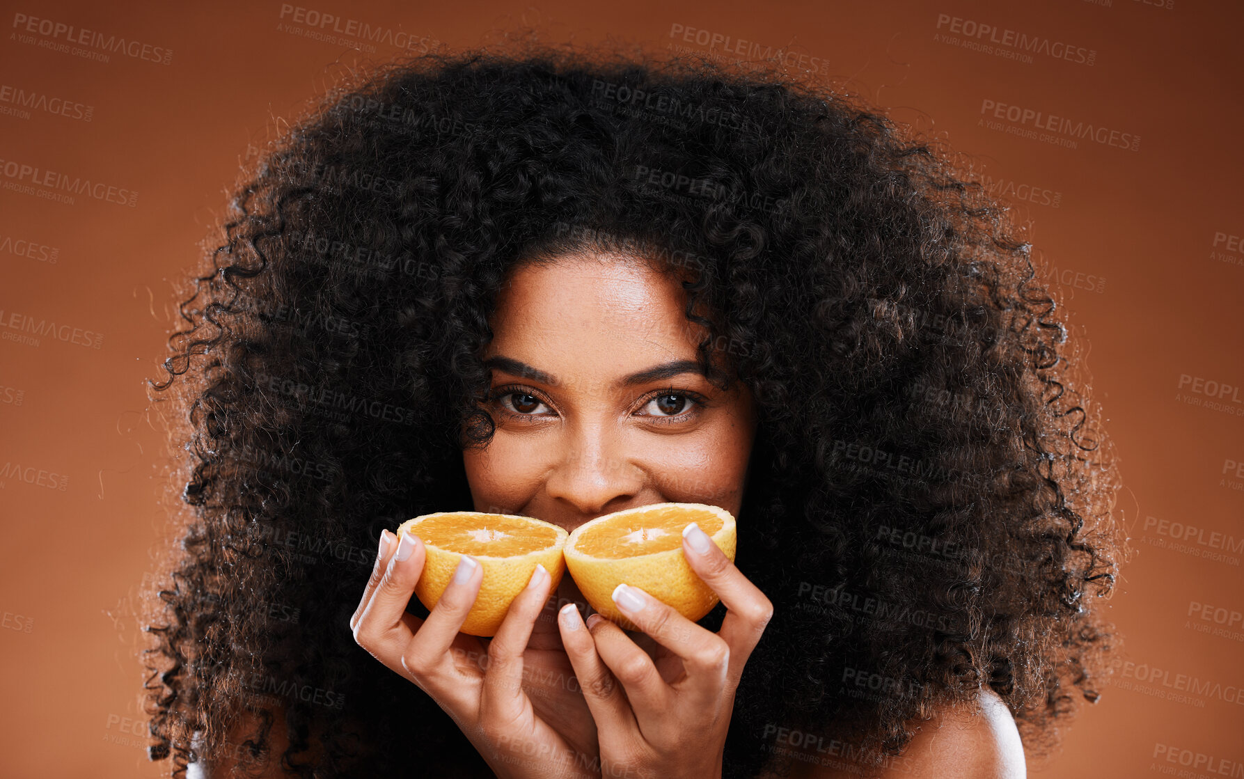 Buy stock photo Lemon, skincare and black woman beauty for healthcare wellness or cosmetics makeup. Luxury fruit, vitamin c nutrition and healthy lifestyle motivation or spa facial detox for portrait in studio