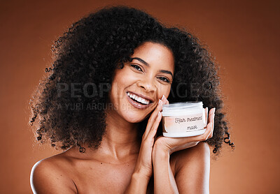 Buy stock photo Hair, beauty and black woman with treatment for portrait aesthetic health and wellness on a brown studio background. Hairstyle, cream and moisturiser with an african american female for cosmetics