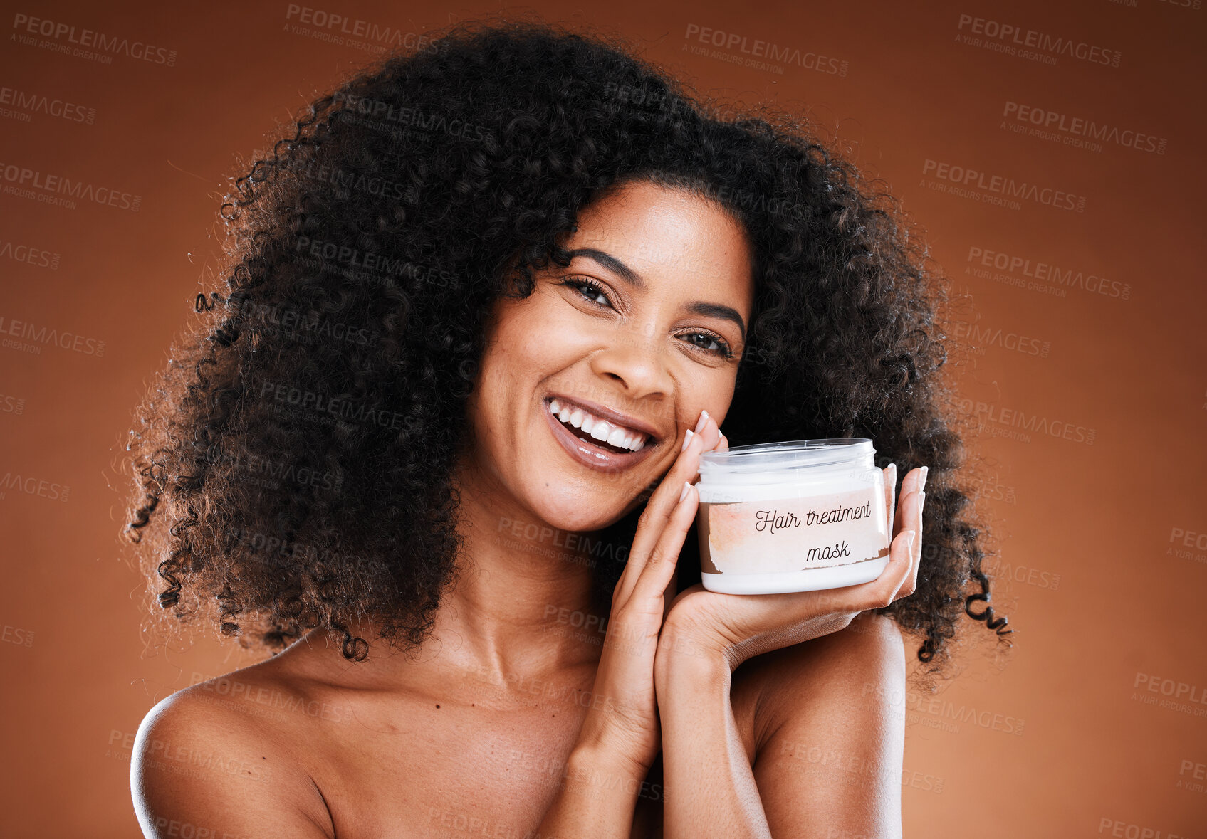 Buy stock photo Hair, beauty and black woman with treatment for portrait aesthetic health and wellness on a brown studio background. Hairstyle, cream and moisturiser with an african american female for cosmetics