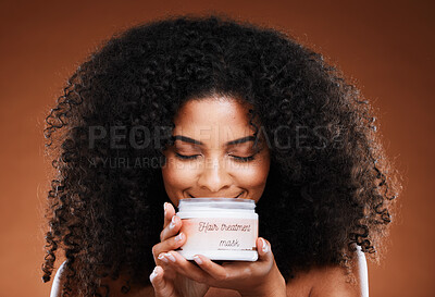 Buy stock photo Beauty, hair care and black woman with hair mask, organic luxury moisturizer in jar for afro hairstyle. Health, wellness and portrait of happy woman marketing haircare treatment in studio background.