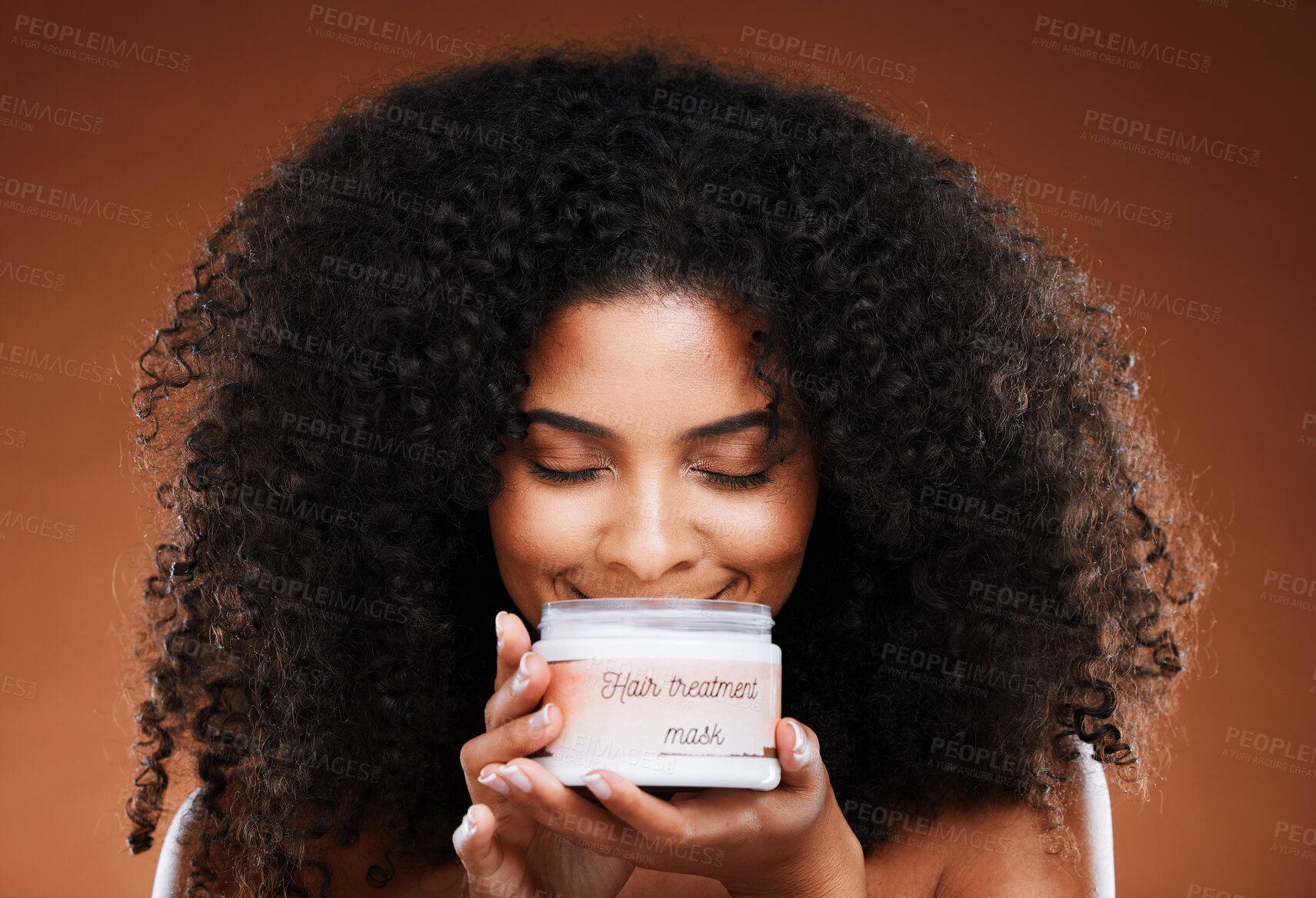 Buy stock photo Beauty, hair care and black woman with hair mask, organic luxury moisturizer in jar for afro hairstyle. Health, wellness and portrait of happy woman marketing haircare treatment in studio background.