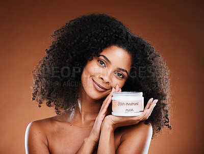 Buy stock photo Beauty, luxury hair care mask and black woman conditioner in jar, organic moisturizer for afro hairstyle. Health, wellness and portrait of woman marketing haircare treatment in studio background.