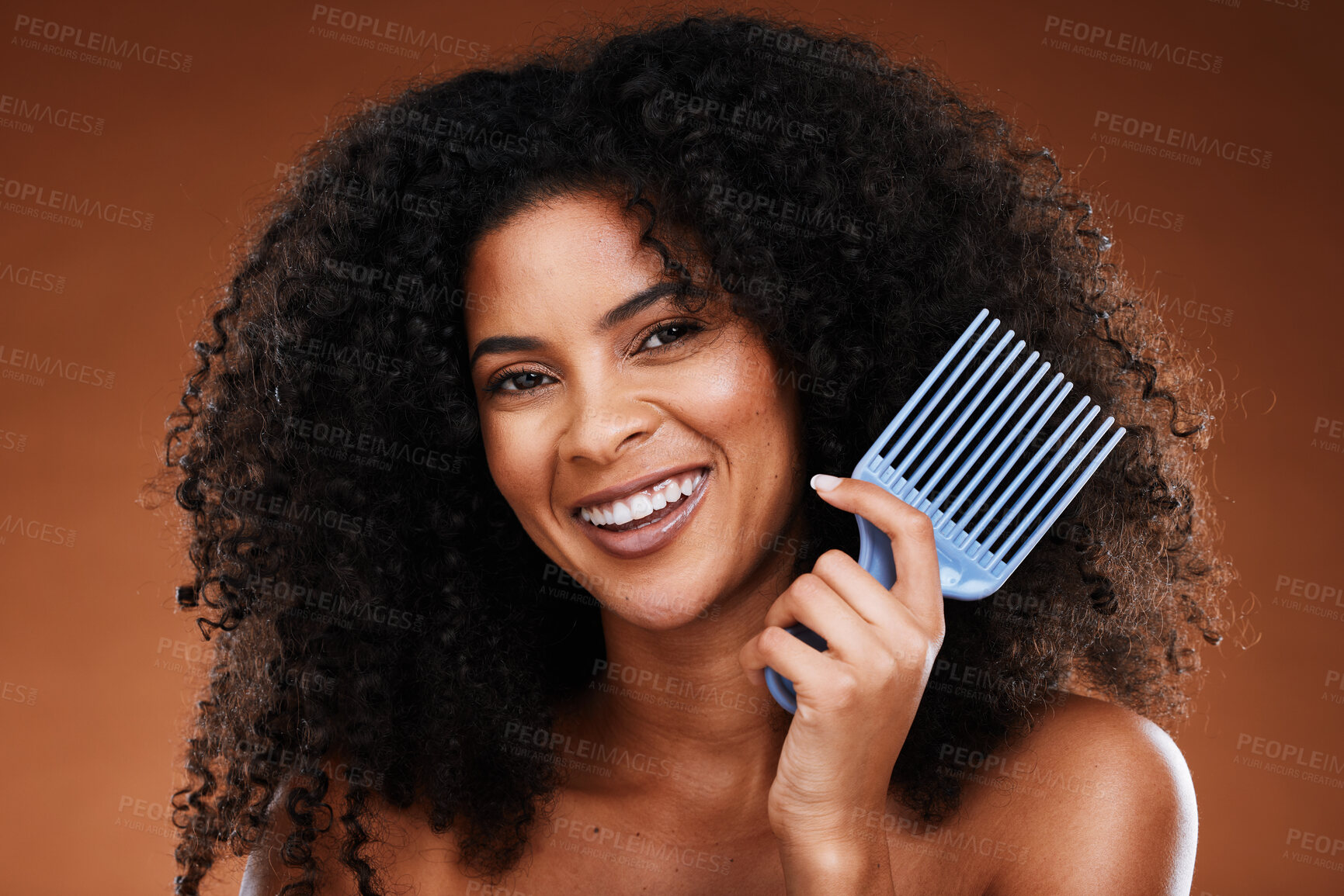Buy stock photo Black woman, hair beauty and cosmetics health with natural hair care, African skincare product and black people empowerment. Portrait of happy girl, organic health and smile on a studio background 

