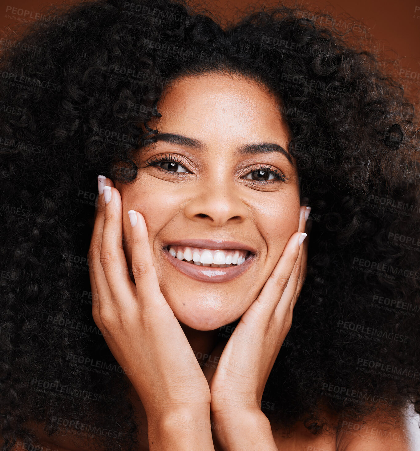 Buy stock photo Black woman, skincare and curly hair, natural beauty, makeup and facial wellness, aesthetic dermatology or self care cosmetics on studio background. Portrait of happy african model face and closeup