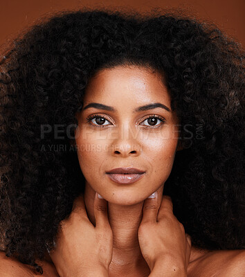 Buy stock photo Skincare, beauty and portrait of a black woman in a studio for a natural, organic and healthy skin treatment. Health, wellness and headshot of African woman with a facial routine by brown background.