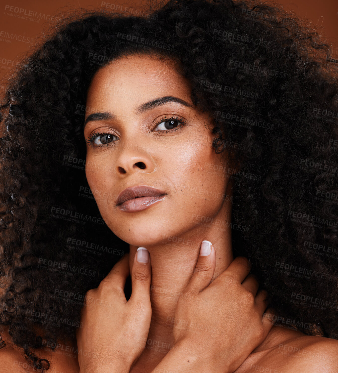 Buy stock photo Beauty, portrait and black woman for aesthetic health and wellness on a brown studio background. Afro, african american female and cosmetics or cosmetology for wellbeing, bodycare and self love
