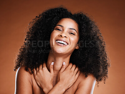 Buy stock photo Black woman, portrait and beauty with skincare for self love, bodycare and cosmetics on a brown studio background. Afro, african american lady and cosmetic wellness and health in studio