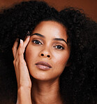 Black woman, face glow or afro hair style on studio background in hair growth, curls maintenance or skincare health. Zoom, portrait or beauty model and fashion hair care wellness or makeup cosmetics 