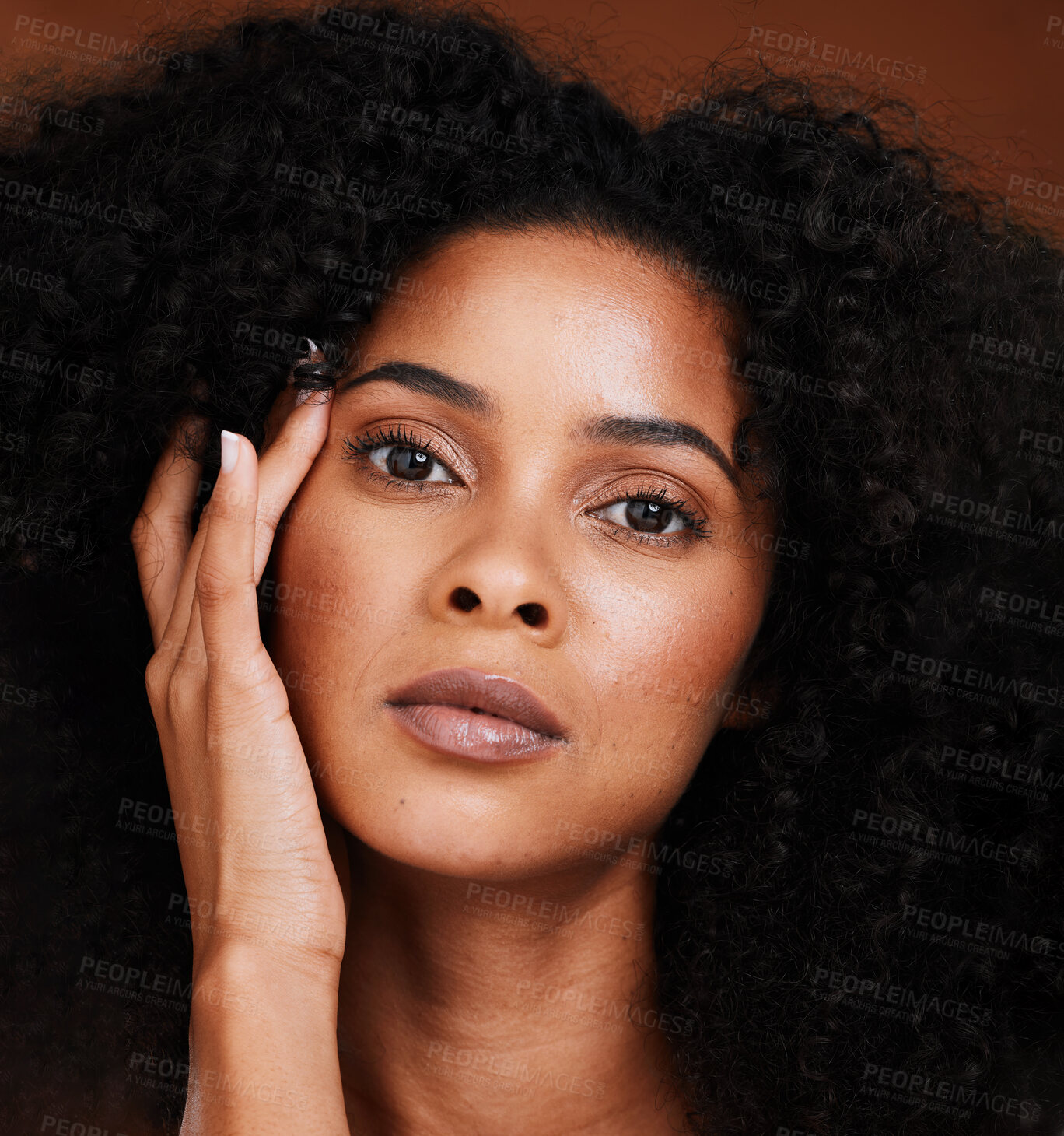 Buy stock photo Portrait of black woman, face glow or afro hair style on studio background in hair growth, curls maintenance or skincare health. Zoom, beauty model or fashion hair care wellness or makeup cosmetics 