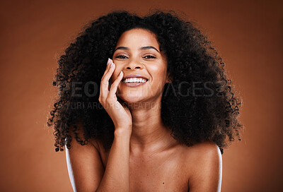 Buy stock photo Black woman, hair and portrait with natural beauty smile for healthy cosmetic satisfaction. Beautiful, confident and happy face of skincare girl with afro hair care texture in brown studio.

